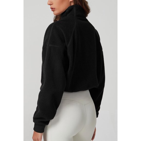 Women's Black Half Zip Fleece Short Pullover Long Sleeve Cozy Sherpa Sweater - Picture 3 of 6